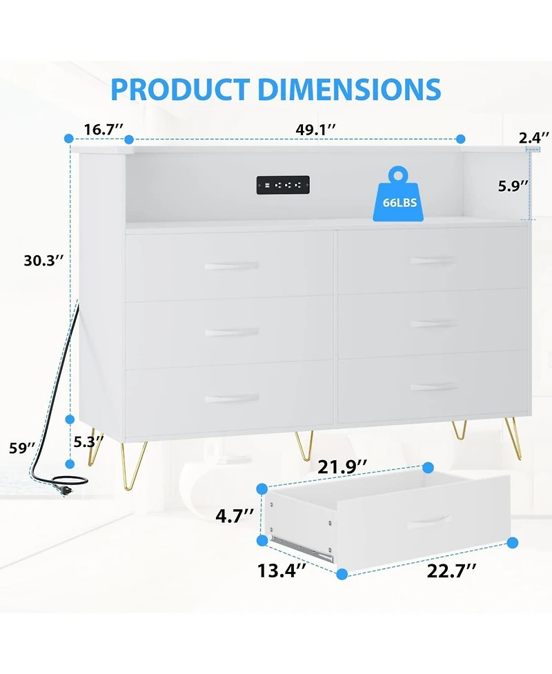 gaomon Dresser in Black Large Dresser for Bedroom with Power Outlet and Led Lights Storage Cabinet with 6 Drawers and 2 Open Shelves for Living Room,