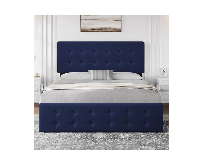 gaomon Queen Size Bed Frame with 4 Storage Drawers and Headboard, Velvet Upholstered Platform Bed Frame with Wooden Slats Support