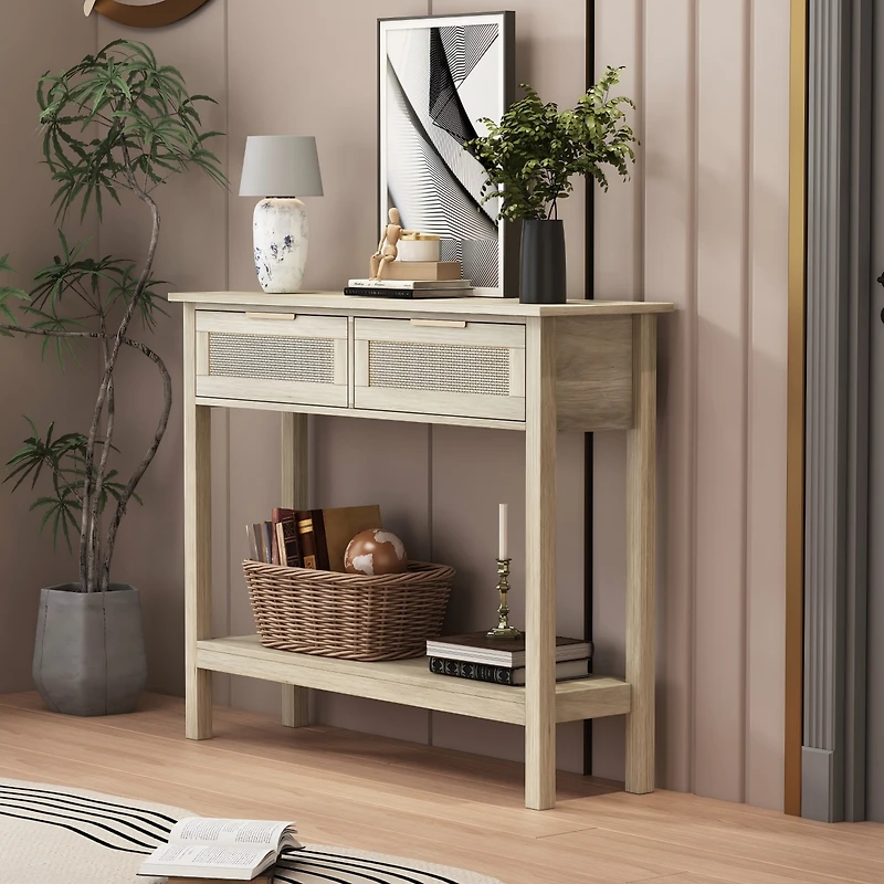 Boho Style Console Table with 2 Rattan Drawer and Bottom Storage Shelf for Entryway, Minimalist Side Table with Rattan Storage Drawer and Shelf for Li