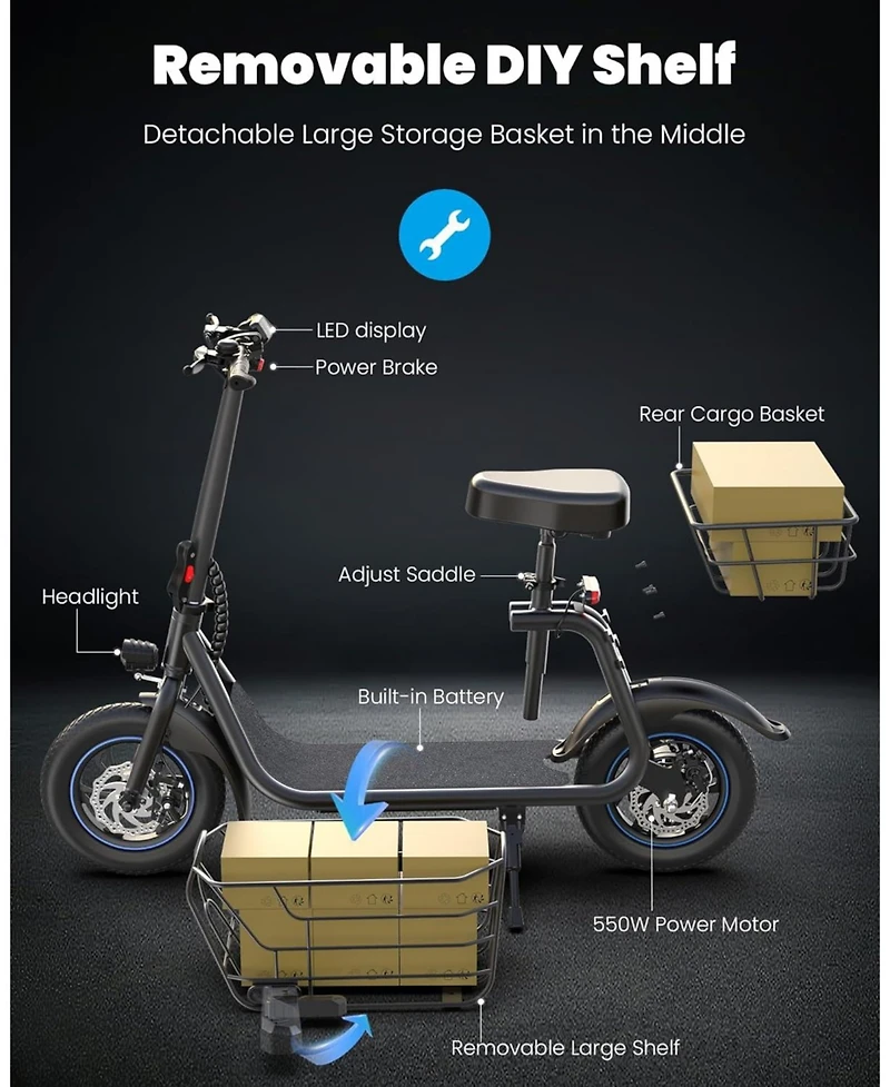 Gyroshoes Electric Scooter with Seat for Adults, 550W Powerful Motor, 20-Mile Range, Speed up to 18.6MPH, Ample Storage for Pets & Cargo, Electrically