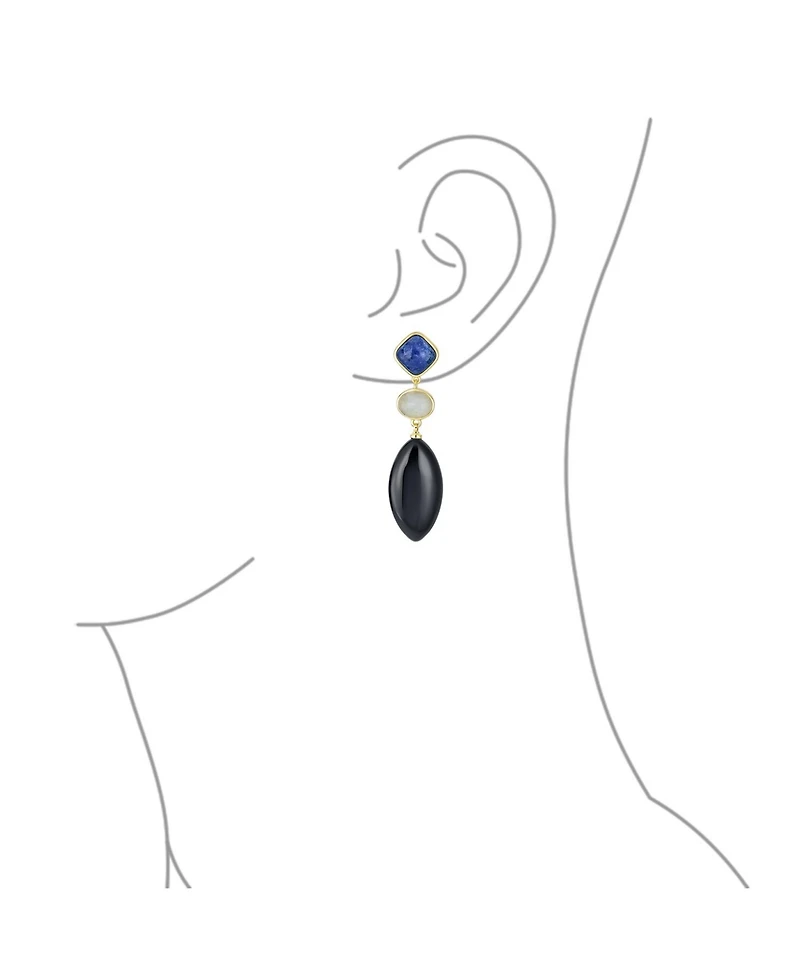 Bling Jewelry Unique Linear Long Natural Blue Lapis Black Onyx Rhombus Shape Square 3 Multi Tier Party Dangling Earrings Gold Plated
