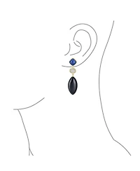Bling Jewelry Unique Linear Long Natural Blue Lapis Black Onyx Rhombus Shape Square 3 Multi Tier Party Dangling Earrings Gold Plated