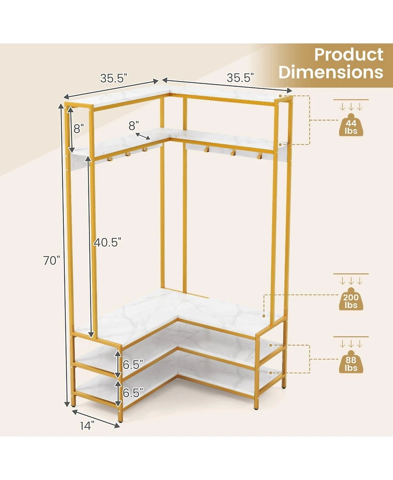 Gouun Corner Garment Rack with Open Shelves and 7 Hooks Shoe Bench