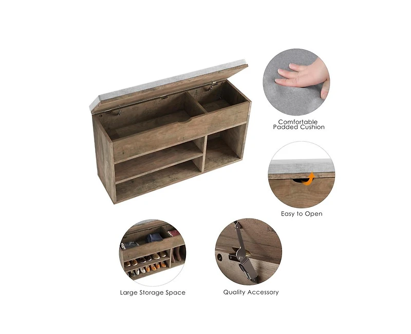 gaomon Shoe Storage Bench with Cushion, Entryway Bench with Lift-Top Storage Box and 2 Tiers Open Shoe Rack, Wooden Shoe Bench for Entryway