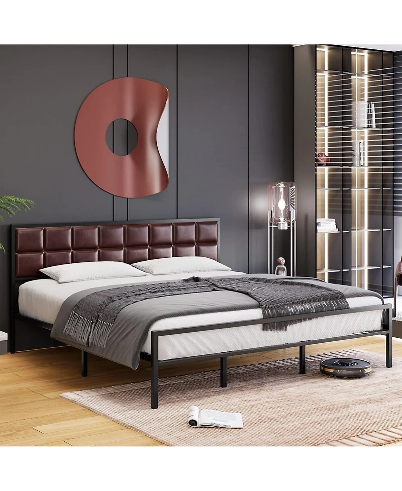 gaomon Platform Bed Frame with Faux Leather Headboard Metal Slat Support Bed Frame