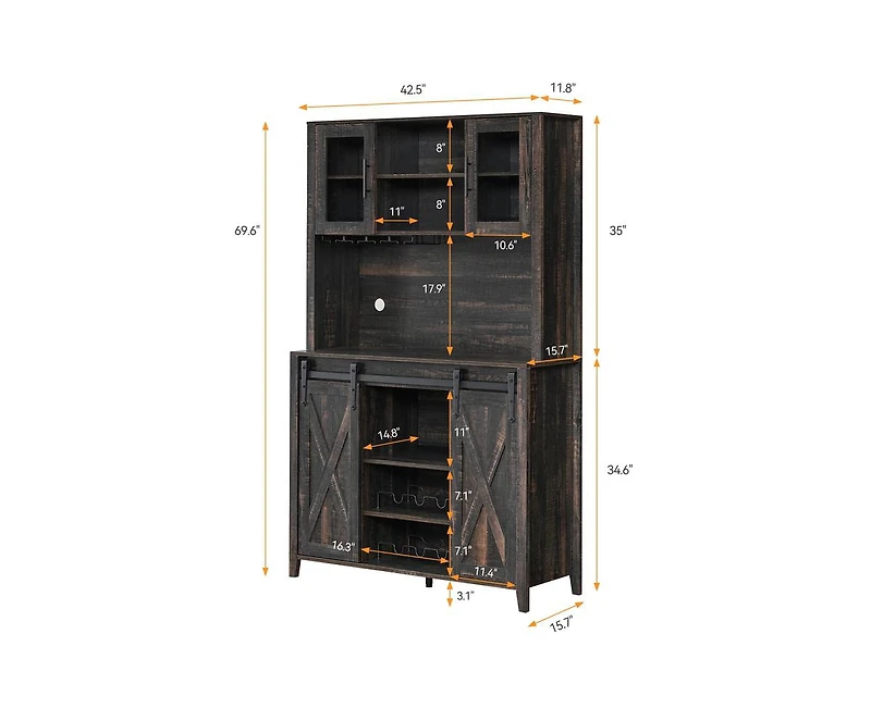 gaomon 70" Tall Farmhouse Coffee Bar Cabinet, Sliding Barn Doors Wine Bar Cabinet with Storage Shelves, Hutch Cabinet with 6 Bottle Wine Rack and 12 S