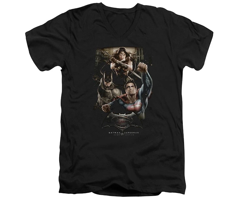 Batman V Superman Mens Three Action Short Sleeve Adult Neck Premium Cotton Tee / T-Shirt