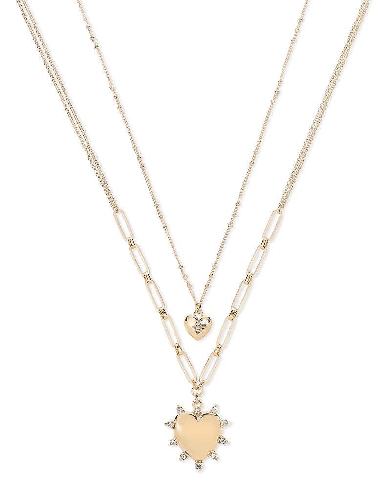 On 34th Gold-Tone Crystal Heart Two-Row Pendant Necklace, 22" + 3" extender, Exclusively at Macy's