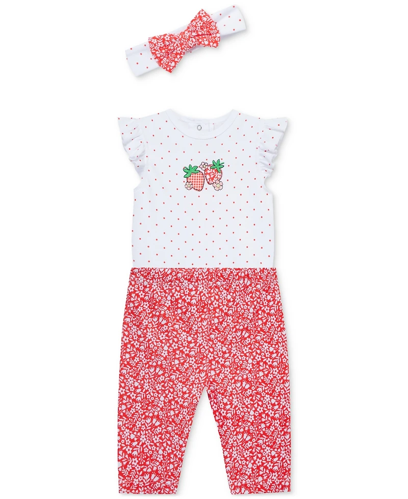 Little Me Baby Girls Cotton Strawberry Bodysuit, Leggings & Headband, 3 Piece Set