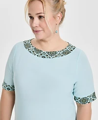 Jm Collection Plus Border-Print Short-Sleeve Shift Dress, Exclusively at Macy's