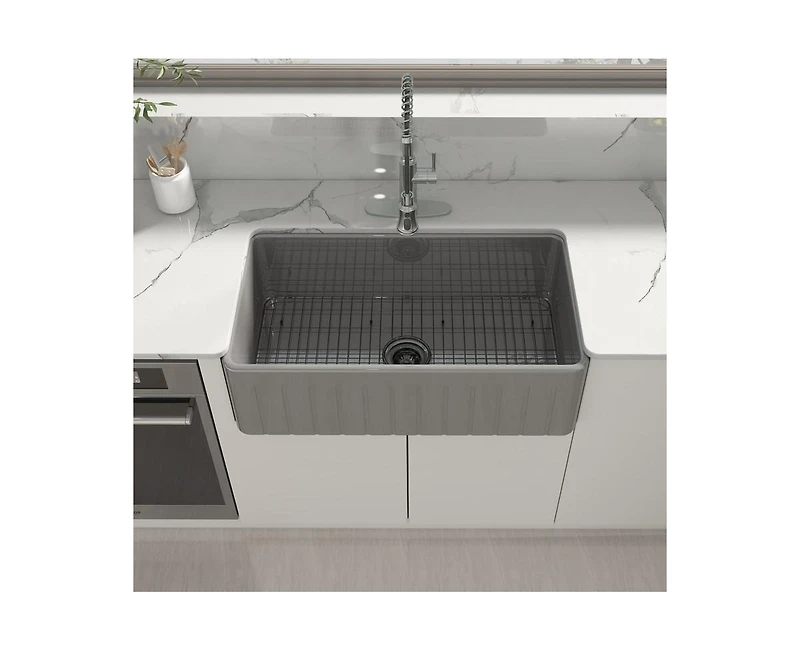 Casainc 33inch L x 18inch W Single Bowl Fireclay Farmhouse Kitchen Sink with Grid