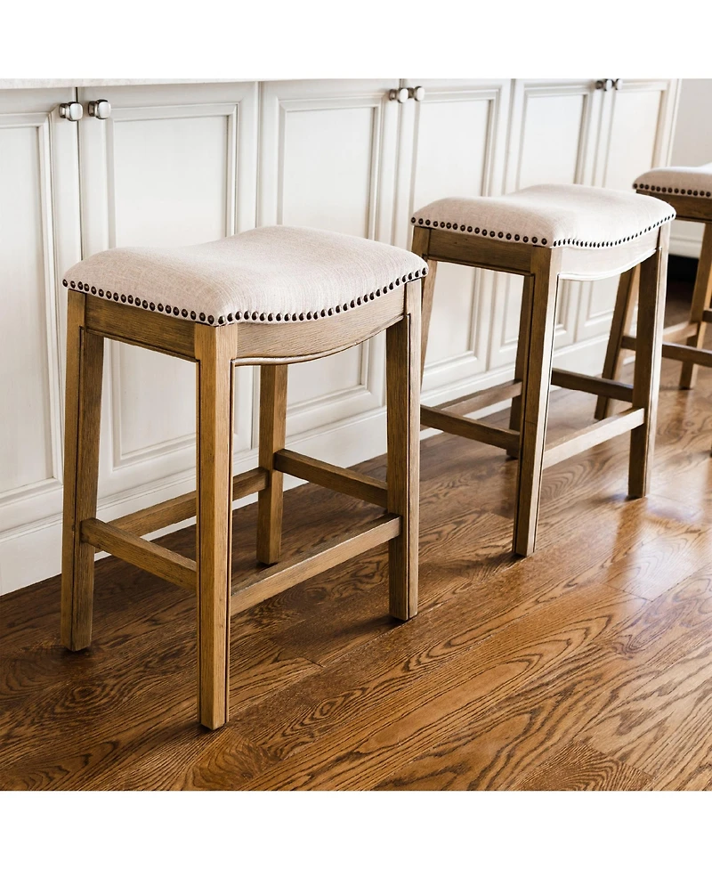 Maven Lane Adrien Backless Saddle Kitchen Stool, Natural Wood Finish, Set of 3