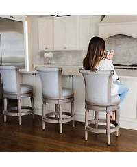 Maven Lane Pullman Counter Stool in Reclaimed Oak Finish with Ash Grey Fabric Upholstery, Set of 4