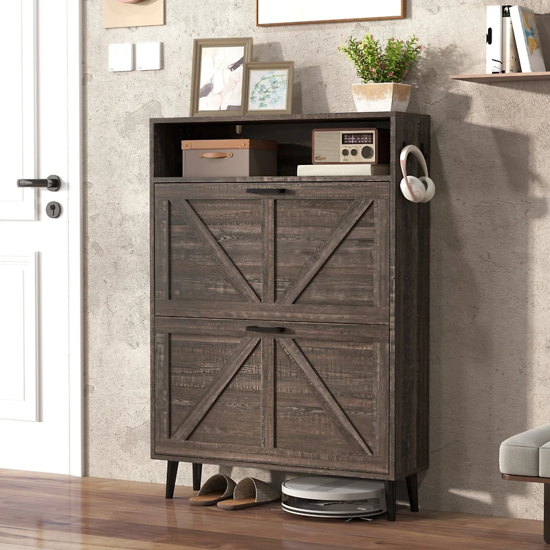 Farmhouse Shoe Storage Cabinet with Barn Door Design, Shoe Organizer with 2 Flip Drawers, Freestanding Narrow Shoe Rack Cabinet