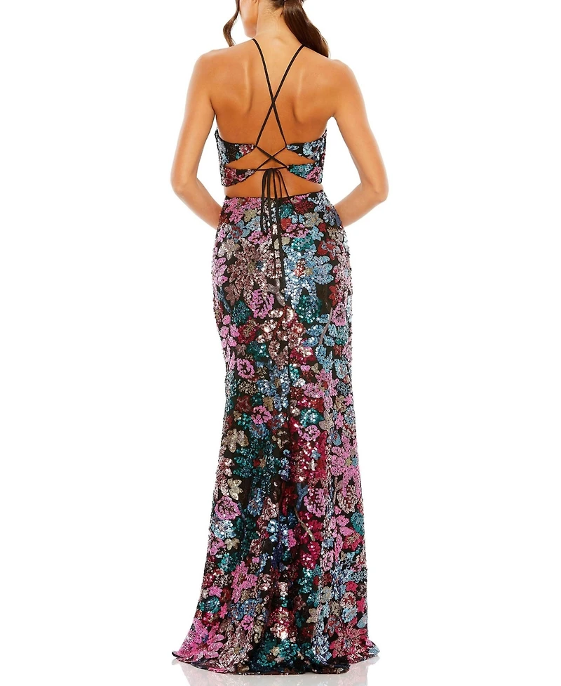 Mac Duggal Women's Sequin Embellished Cross Neck Gown