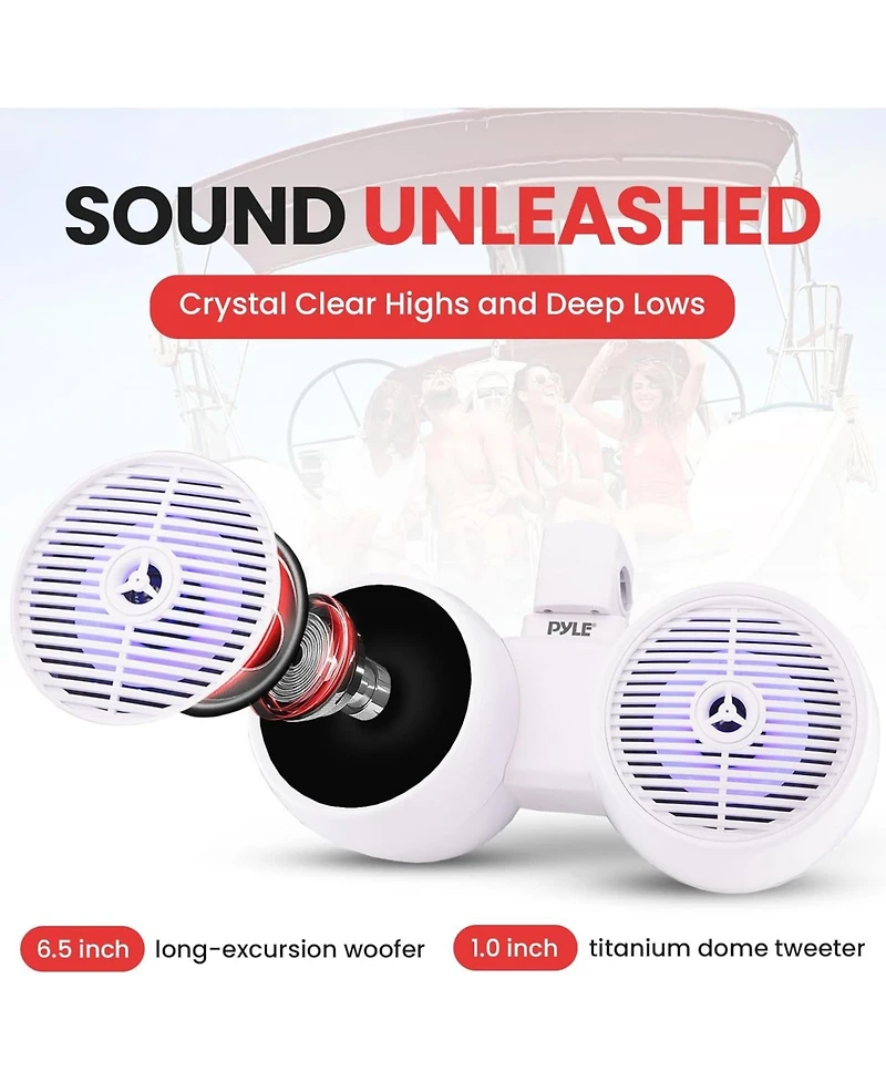 Pyle 6.5'' Dual Marine Wakeboard Speaker System with Led Lights, Water Resistant, White