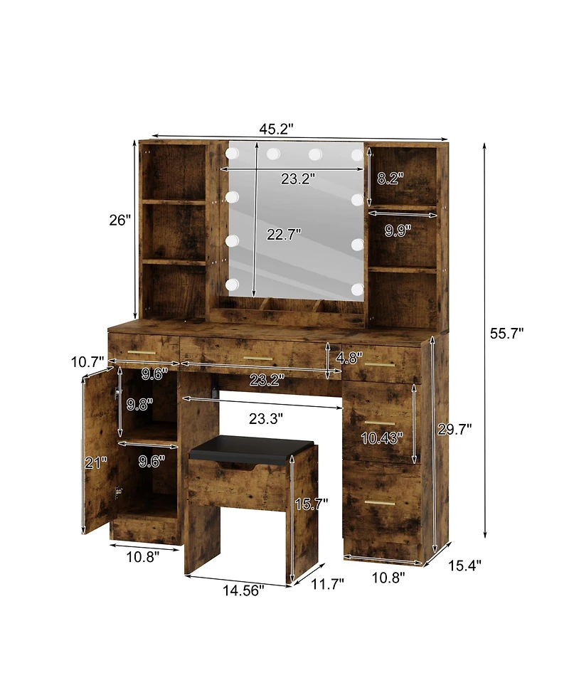 gaomon Led Lighted Vanity Desk With Mirror - Makeup Adjustable Brightness, Metal Drawers, And Open Shelves