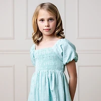 Hope & Henry Girls' Linen Smocked Short Bubble Sleeve Dress, Kids