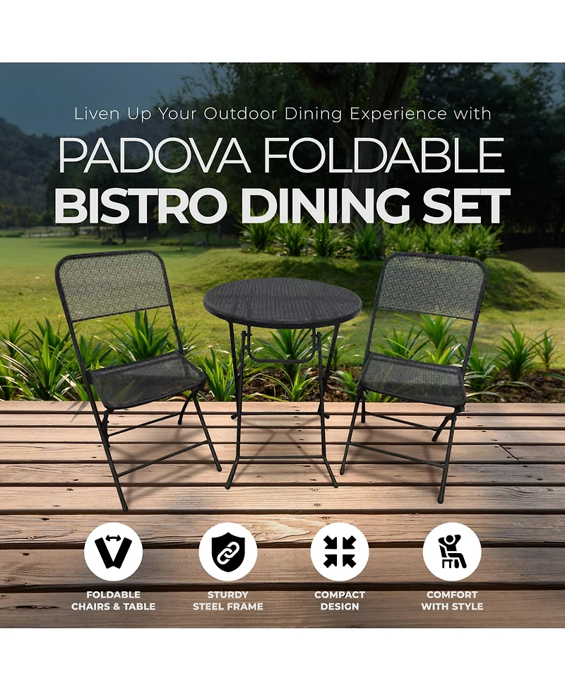 Four Seasons Courtyard Padova Foldable 3 Piece Steel Bistro Dining Set, Black