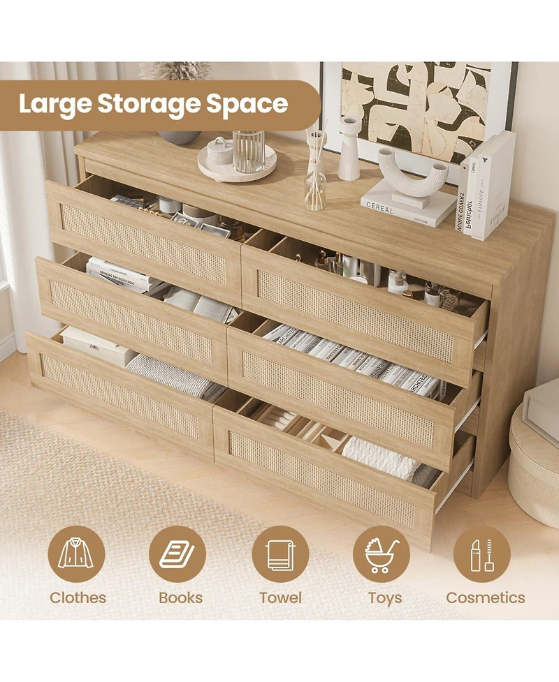 gaomon Rattan Dresser for Bedroom, Modern 6 Drawer Double Dresser with Anti-Tip Kit