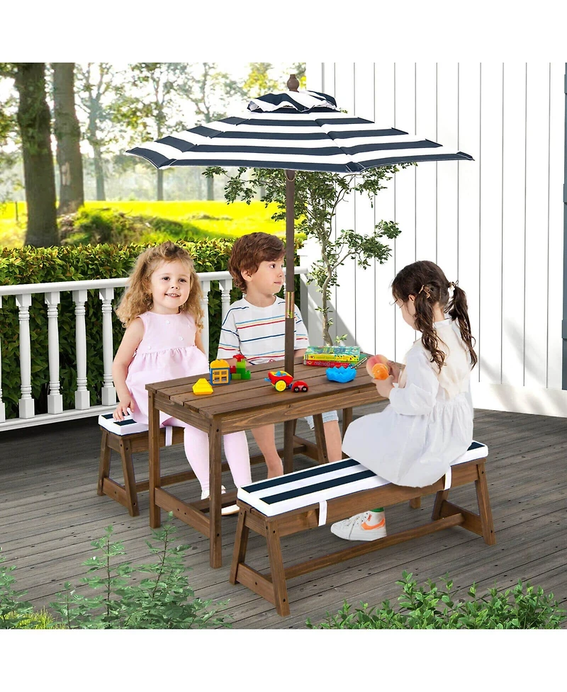 Gouun Kids Picnic Table and Bench Set with Cushions and Height Adjustable Umbrella