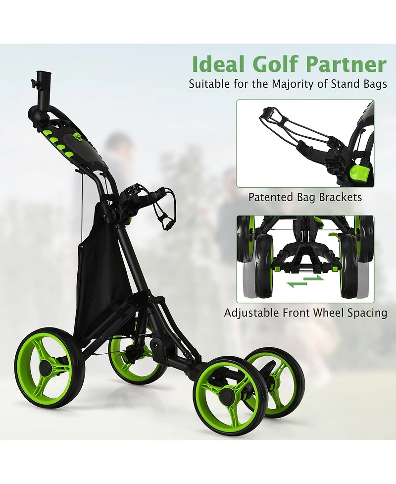 Gymax 4 Wheels Foldable Golf Push Pull Cart Trolley w/ Brake Waterproof Bag