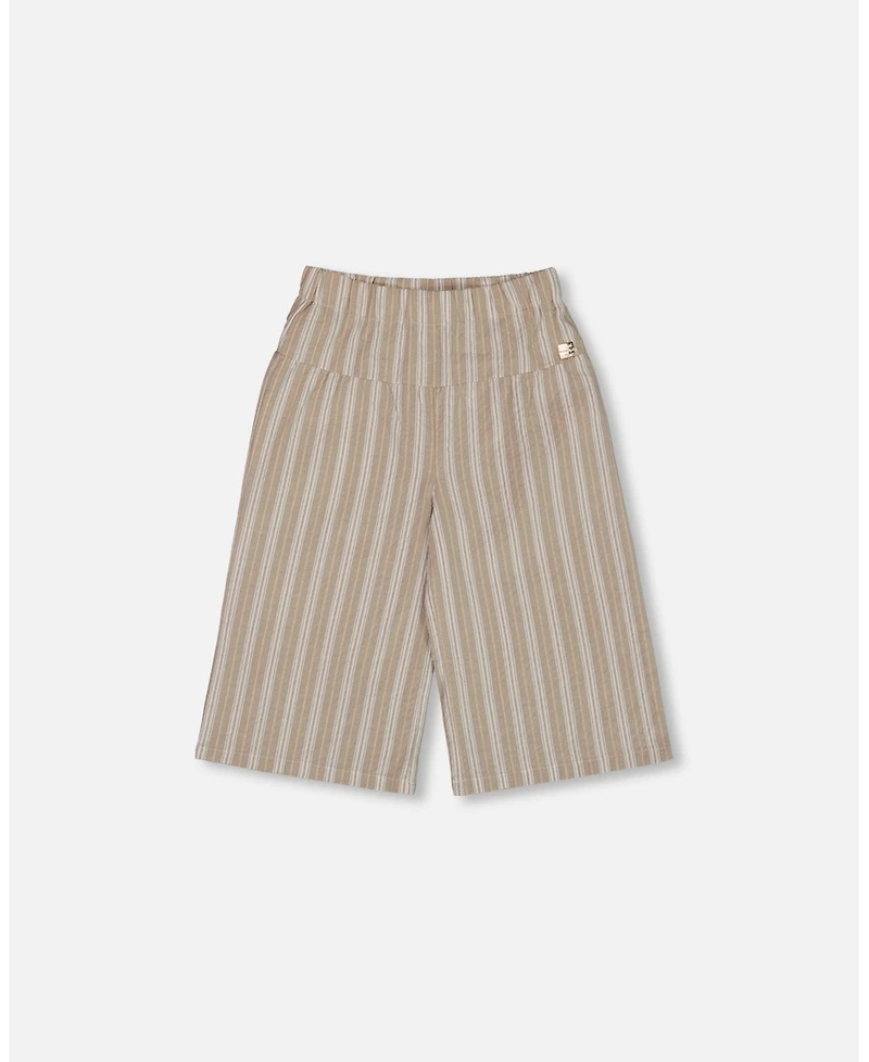 Deux par Deux Toddler Girls Wide Leg Capri Linen Pant White And Sage Striped - Toddler|Child
