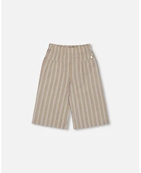Deux par Deux Toddler Girls Wide Leg Capri Linen Pant White And Sage Striped - Toddler|Child