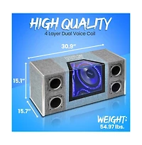 Pyle Dual Subwoofer Box System, 12'' Vented Enclosure, 1200W Max, Led Lights