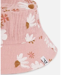 Deux par Baby Girls Printed Muslin Bucket Hat Pink And White Flowers
