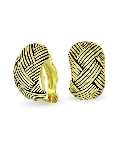 Bling Jewelry Half Hoop Shrimp Style Woven Braided Dome Basket Weave Clip On Earrings Button Style Non Pierced Ears Oxidized Gold Plated Brass