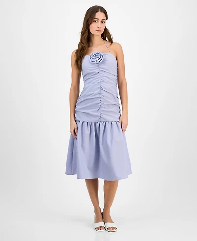 Juniors' Striped Rosette-Trim Dropped-Waist Midi Dress