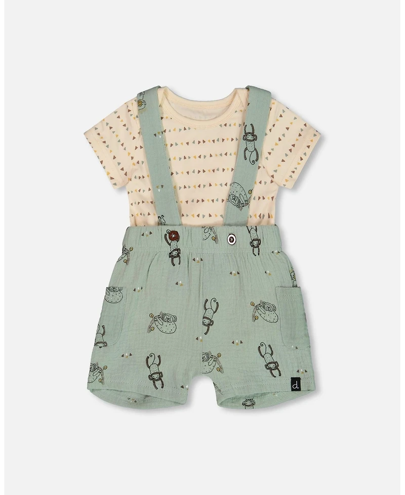 Deux par Deux Baby Boys Printed Muslin Shortall And Organic Cotton Onesie Set Sage Monkey And Off-White