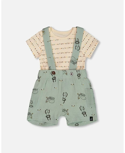 Deux par Deux Baby Boys Printed Muslin Shortall And Organic Cotton Onesie Set Sage Monkey And Off-White