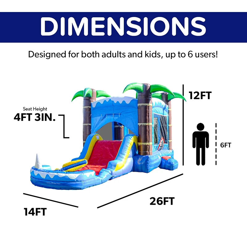 HeroKiddo Ocean Shark Commercial Grade Inflatable Bounce House Water Slide Combo with Attached Splash Pool (No Blower Included)