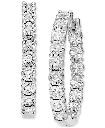 Diamond Sunray Textured Small Hoop Earrings (1/4 ct. t.w.) in Sterling Silver. 0.9"