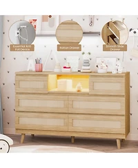 gaomon Natural Rattan Dresser for Bedroom with Led light and Charging Station