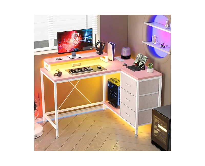 gaomon L Shaped Desk with Power Outlets & Led Lights, Computer Desk with Drawers & Shelves