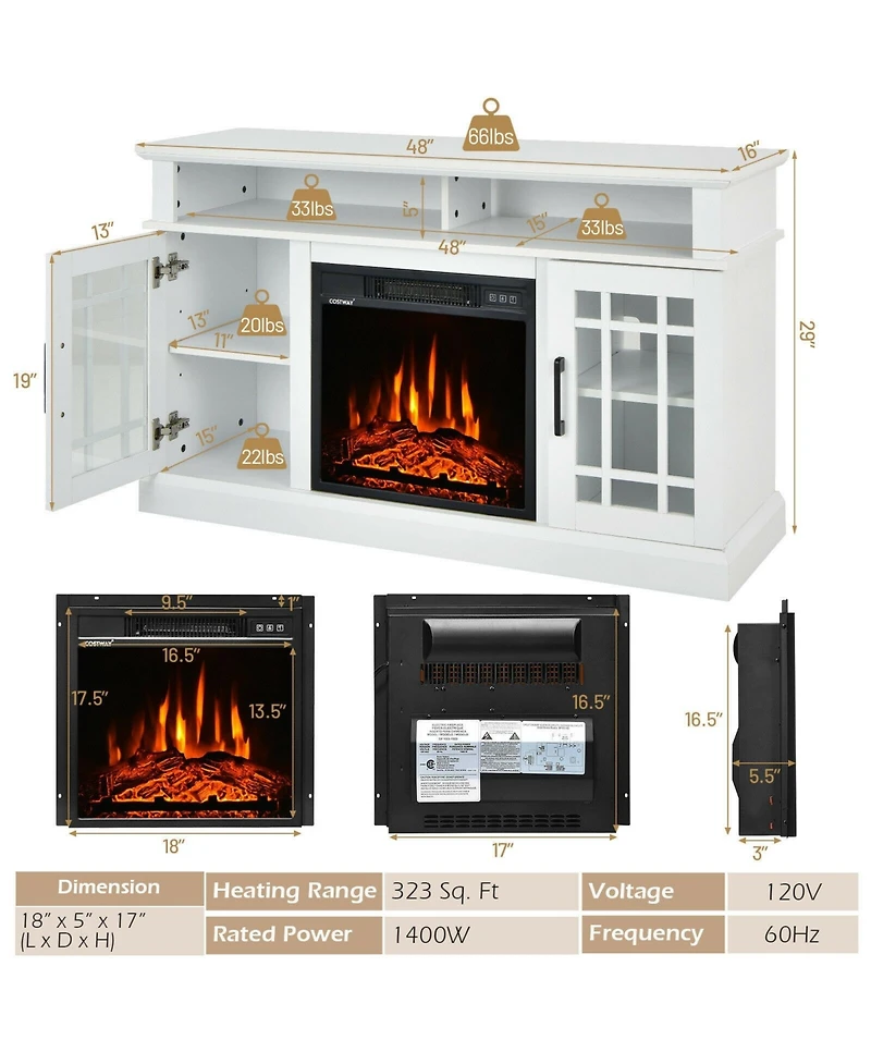 Gouun 48 Inch Electric Fireplace Tv Stand with Cabinets for TVs Up to 50 Inch