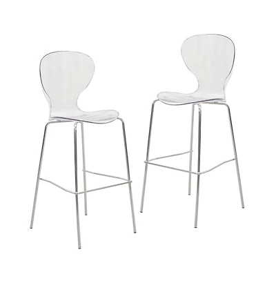 LeisureMod Oyster Acrylic Barstool with Steel Frame in Chrome Finish Set of 2 in Clear