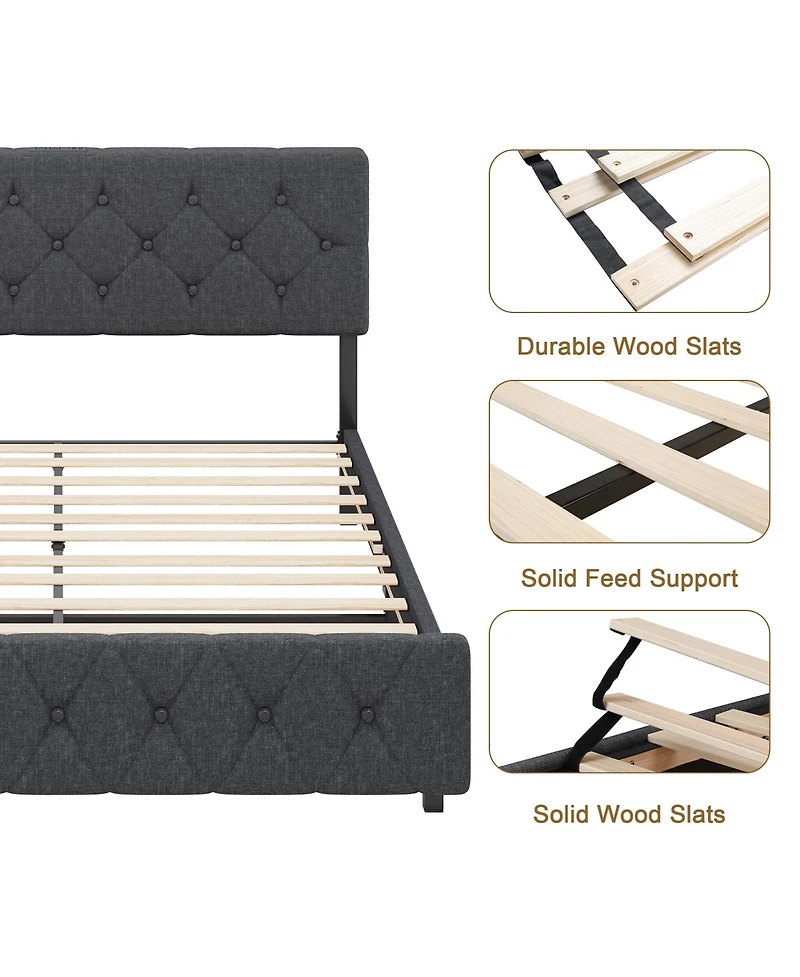 gaomon Upholstered Platform Bed Frame with Usb Ports - Adjustable Headboard, Strong Frame, Wooden Slats Support