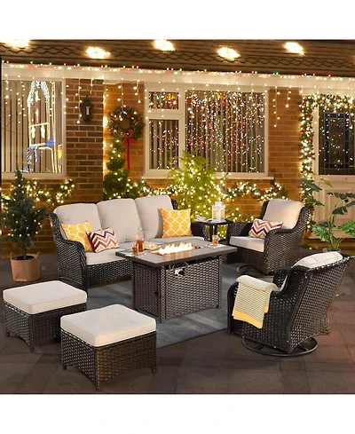 Xizzi Outdoor Swivel Rocking Chairs Set, Patio Furniture Set with 50,000 Btu Rectangular Propane Fire Pit Table, 7 Pieces High Back Conversation Sofa