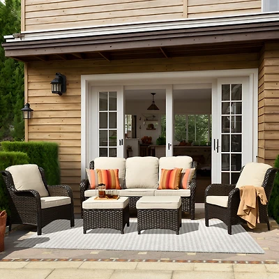 Xizzi Outdoor Furniture Patio Conversation Set 5 Pieces All Weather Wicker High Back Couch with Ottomans
