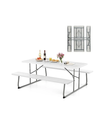 Folding Picnic Table Set with Metal Frame and All-Weather Hdpe Tabletop, Umbrella Hole