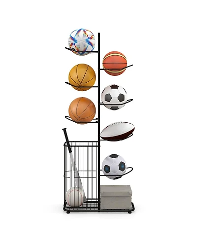 Kuyotq Metal Basketball Holder with 7 Removable Hanging Rods and Side Ball Basket