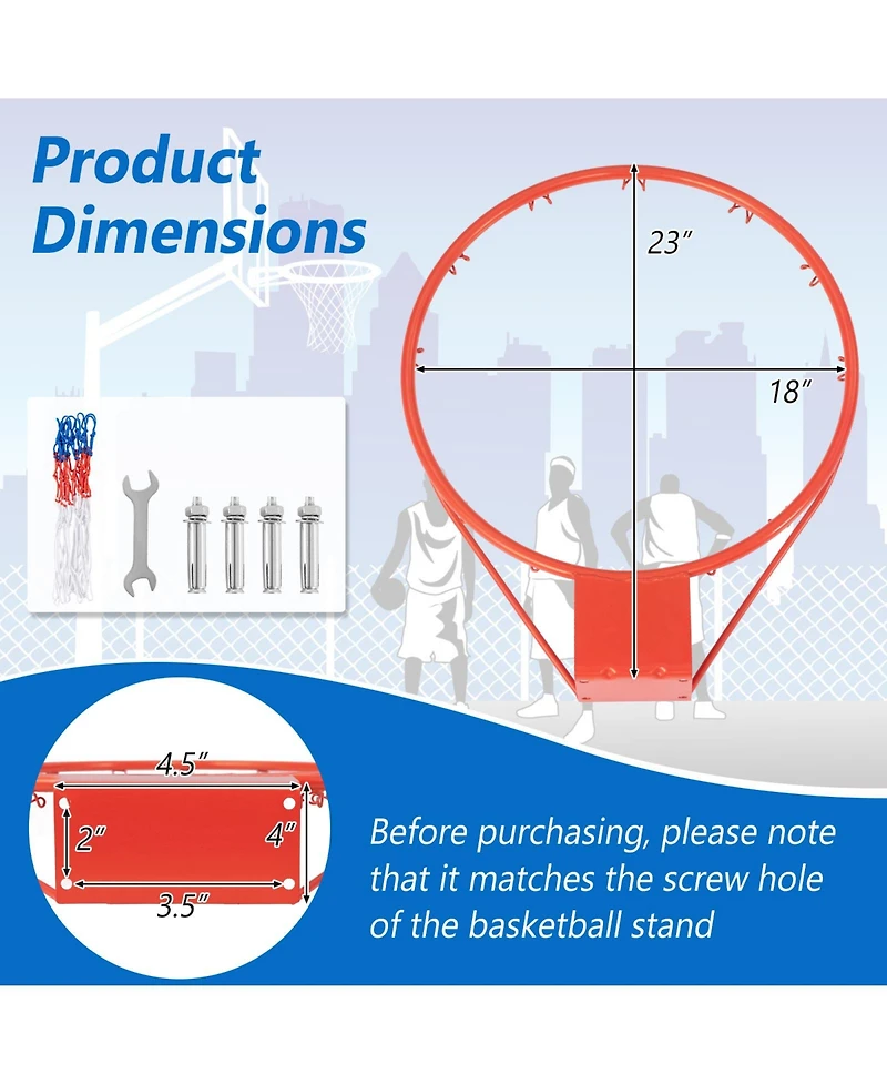 Kuyotq 18 Inch Basketball Rim Goal Replacement with All Weather Net and Mounting Hardware