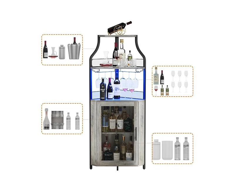 gaomon Corner Bar Cabinet with Led Lights, Industrial Liquor Cabinet with Adjustable Shelf, 5-Tier Industrial Wine Cabinet with Glass Holder