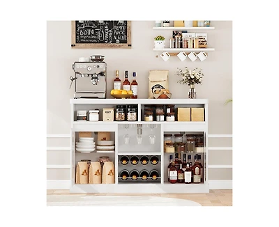 gaomon Modern Coffee Cabinet with Led Lights, White Bar Cabinet with 2 Glass Doors, Coffee Bar Cabinet with Adjustable Shelves, Wine Cabinet with Wine