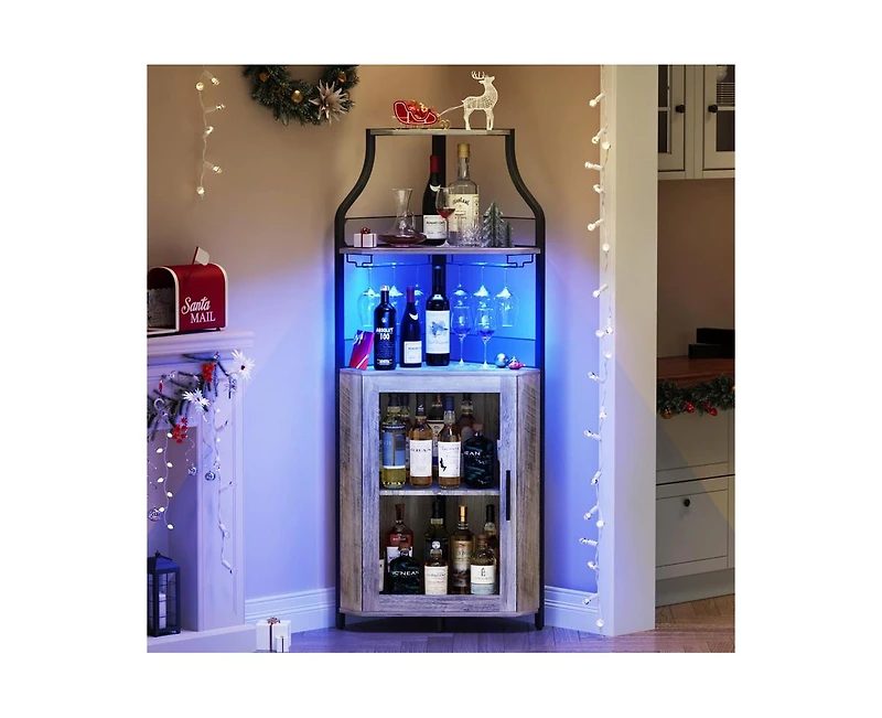 gaomon Corner Bar Cabinet with Led Lights, Industrial Liquor Cabinet with Adjustable Shelf, 5-Tier Industrial Wine Cabinet with Glass Holder