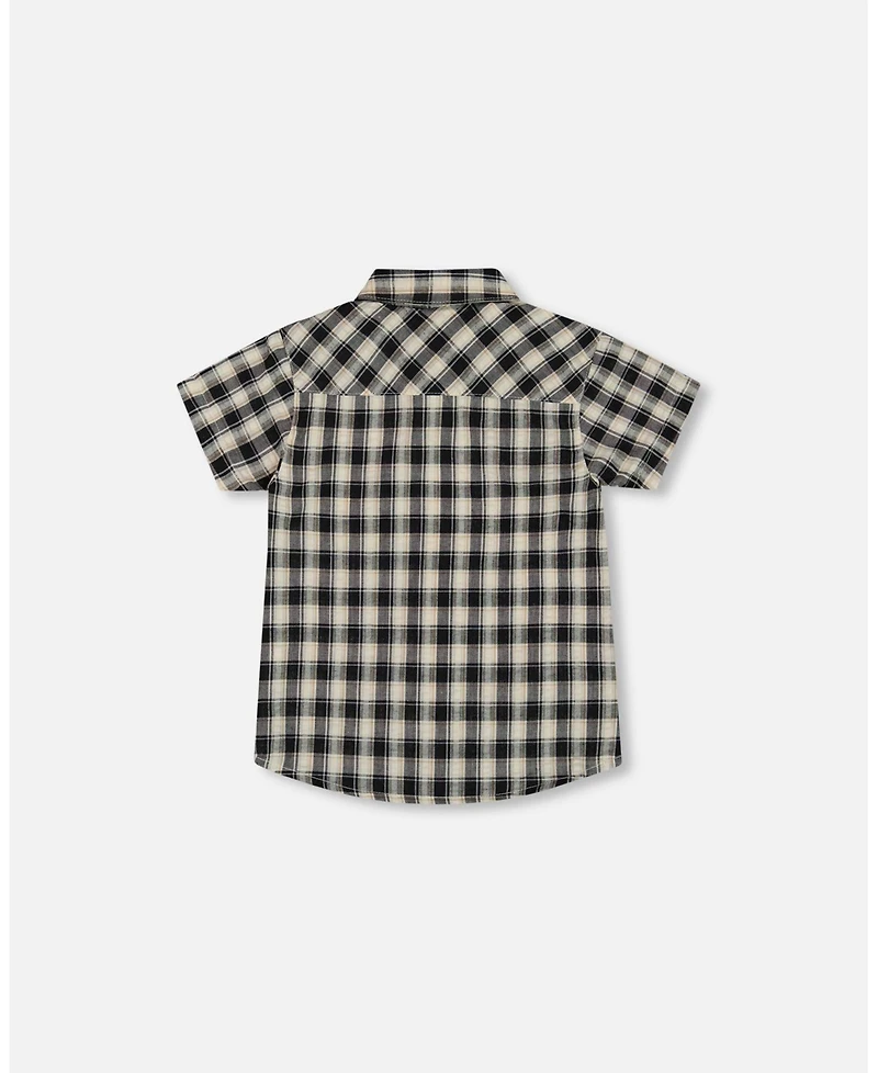 Deux par Deux Baby Boys Short Sleeve Button Down Shirt Black And Beige Plaid